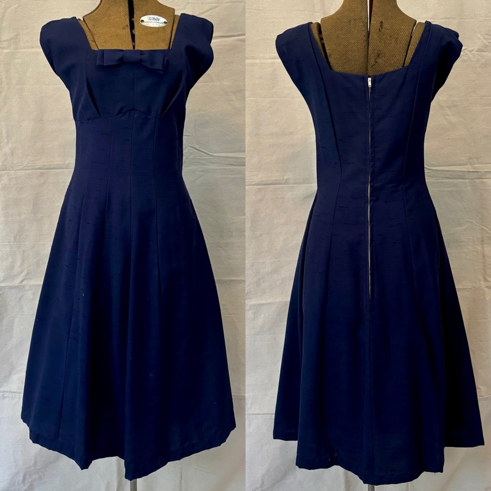 Vintage 60s Mod Navy Blue Textured Cotton Dress Suit Polka Dot Lining Jacket S - Picture 2 of 12